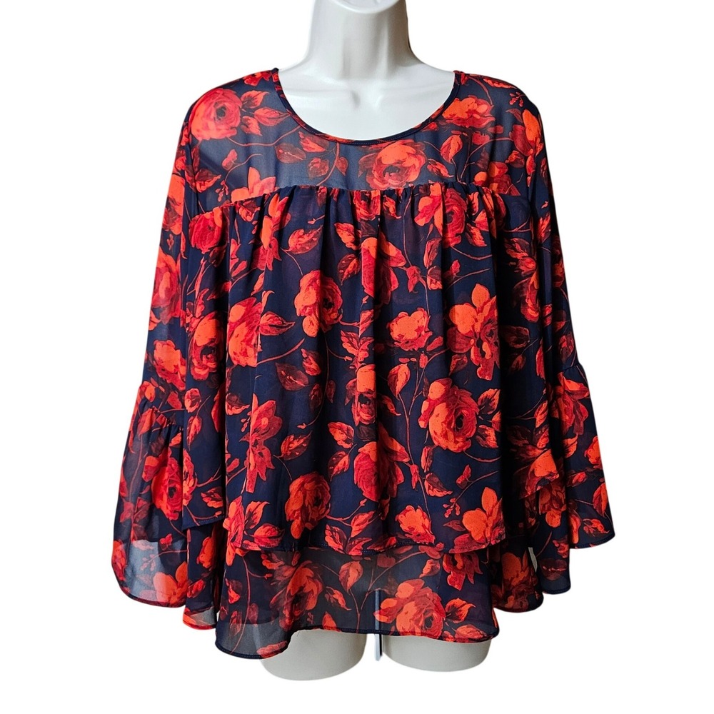 Flowy Dark Floral Bell Sleeve‎ Tiered Babydoll Blouse XL Boho Romantic Fairycore